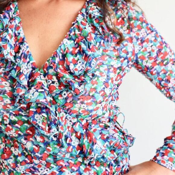 Saloni Women's Size 4 Silk Blend Iman Red + Blue Ruffled Wrap Blouse NWT - Picture 2 of 14